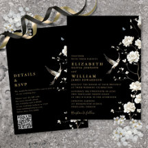 Casamento de Código QR Floral de Chinoiserie Preta