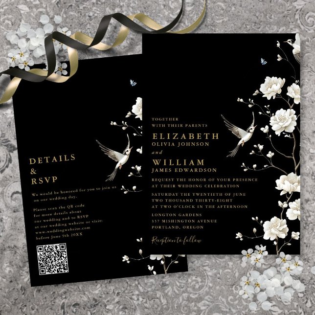 Convite Casamento de Código QR Floral de Chinoiserie Preta (Black And Gold Chinoiserie Floral QR Code Wedding Invitation)
