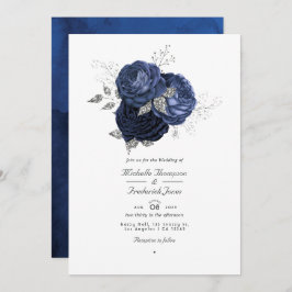 Convite Casamento de Código QR Floral de marinho e Faux Gl