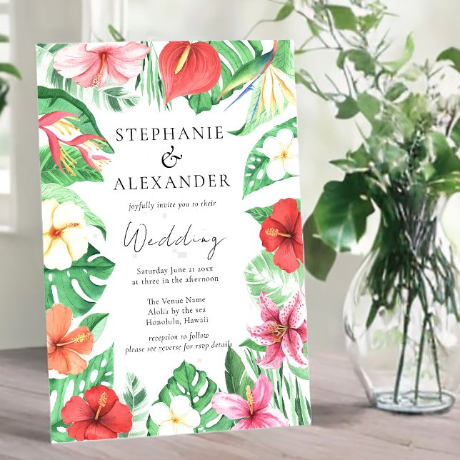 Convite Casamento de Código QR Floral de Praia Tropical (Criador carregado)