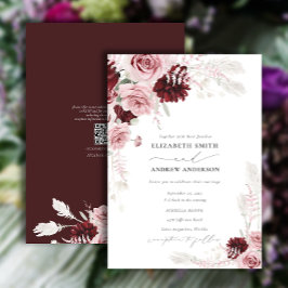Convite Casamento de Código QR Floral de Rosas Rosa Escamo