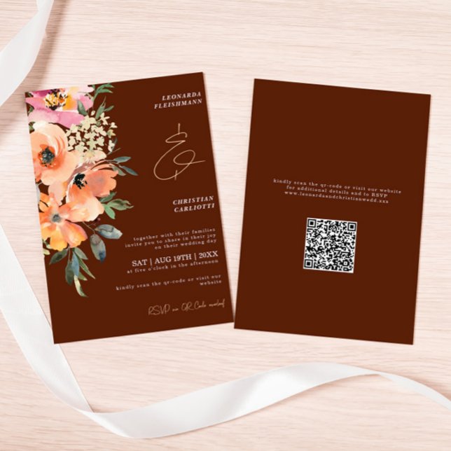 Convite Casamento de Código QR Floral de Terracotta (Criador carregado)