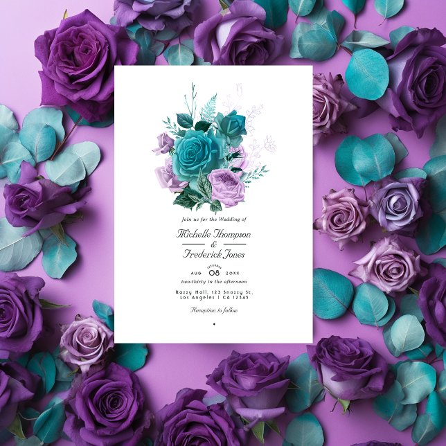 Convite Casamento de Código QR Floral de Turquesa e Lavand (Criador carregado)