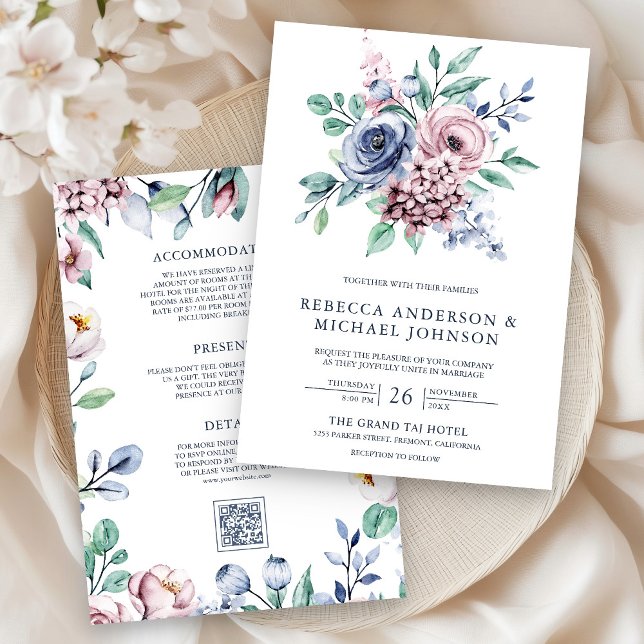 Convite Casamento de Código QR Floral Dusty Blue e Rosa (Criador carregado)