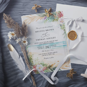 Convite Casamento de Código QR Floral Elegante Praia em Aq