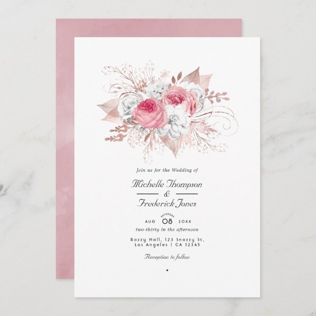 Convite Casamento de Código QR Floral Inverso-Rosa e Rosa  (Frente/Verso)