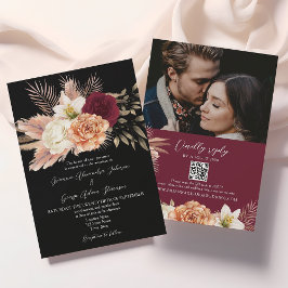 Convite Casamento de Código QR Floral Preto Burgundy