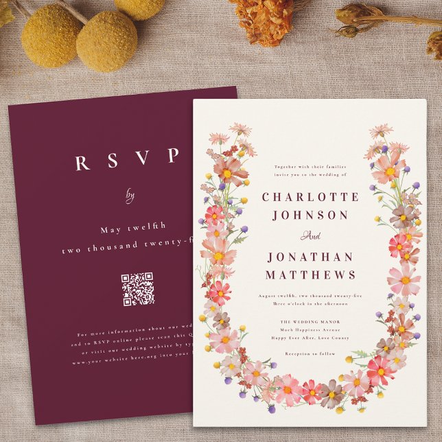 Convite Casamento de Código QR Floral Russo Boho Fall Fall (Boho wildflower wreath burgundy fall floral wedding invitation elegant stylish bohemian )