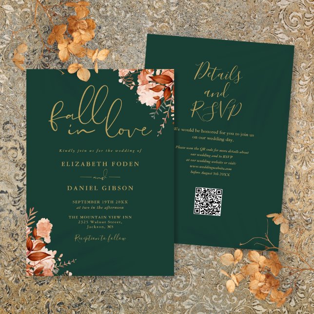 Convite Casamento de Código QR Floral Russo Emerald e Dour (Emerald And Gold Rustic Floral QR Code Wedding Invitation)