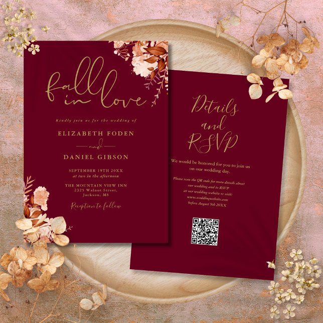 Convite Casamento De Código QR Floral Rústico E Russo Dour (Burgundy And Gold Rustic Floral QR Code Wedding Invitation)