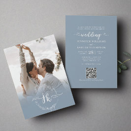 Convite Casamento de Código QR Foto de Monograma Azul com 