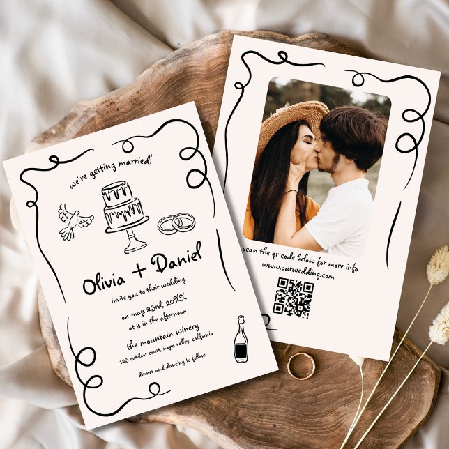 Convite Casamento de Código QR Foto Desenhada à Mão Branca (Criador carregado)