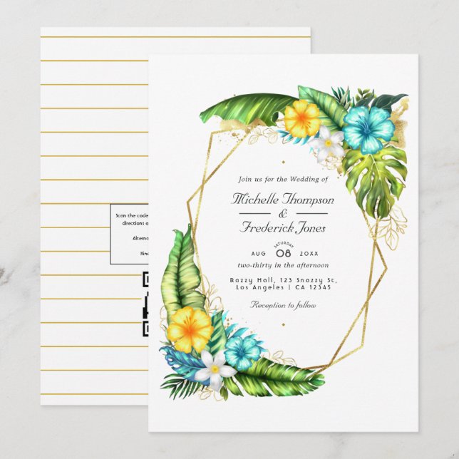 Convite Casamento de Código QR Geométrico Aloha Tropical d (Frente/Verso)