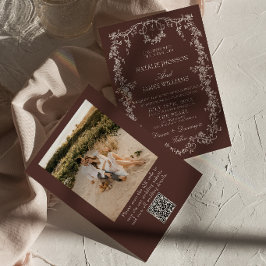 Convite Casamento de Código QR Marrom Chocolate com Floral