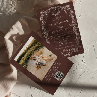 Convite Casamento de Código QR Marrom Chocolate com Floral