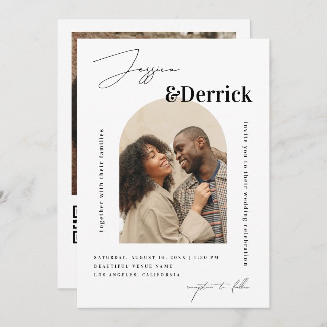 Convite Casamento de Código QR Mínimo do Arch Branco Moder (Frente/Verso)