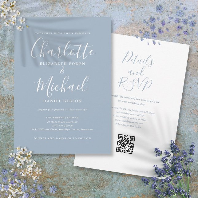 Convite Casamento de Código QR Moderno Azul Dusty Script E (Elegant Script Dusty Blue Modern QR Code Wedding Invitation)