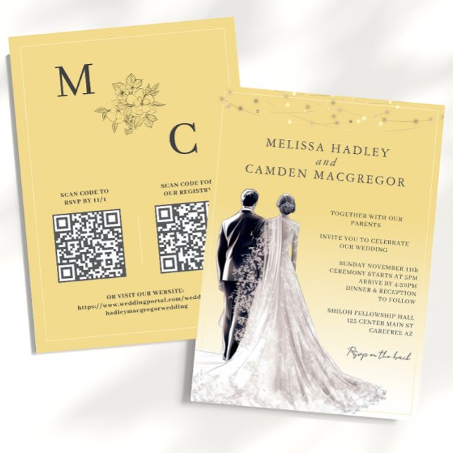 Convite Casamento de Código QR Moderno Elegante Amarelo (Criador carregado)
