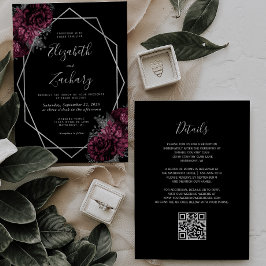 Convite Casamento de Código QR Preto de Moldura Floral Bur