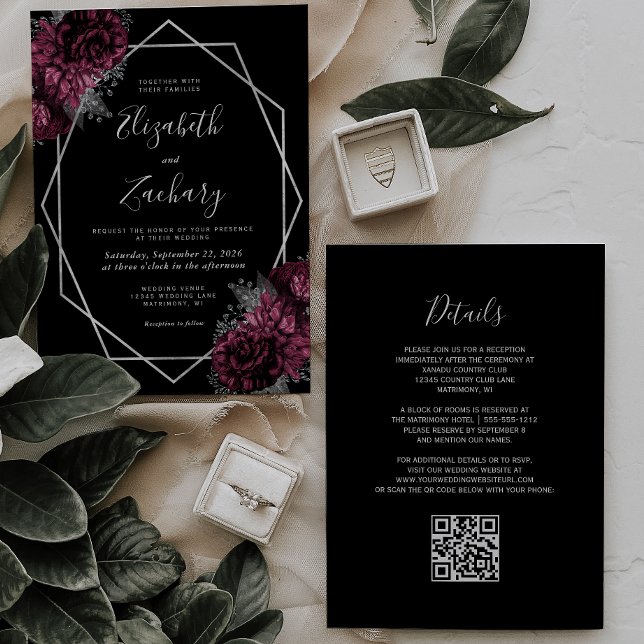 Convite Casamento de Código QR Preto de Moldura Floral Bur (Criador carregado)