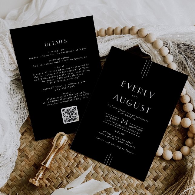 Convite Casamento de Código QR Preto Preto da Deco de Arte (EVERLY Modern Art Deco Black White QR Code Wedding Invitation)