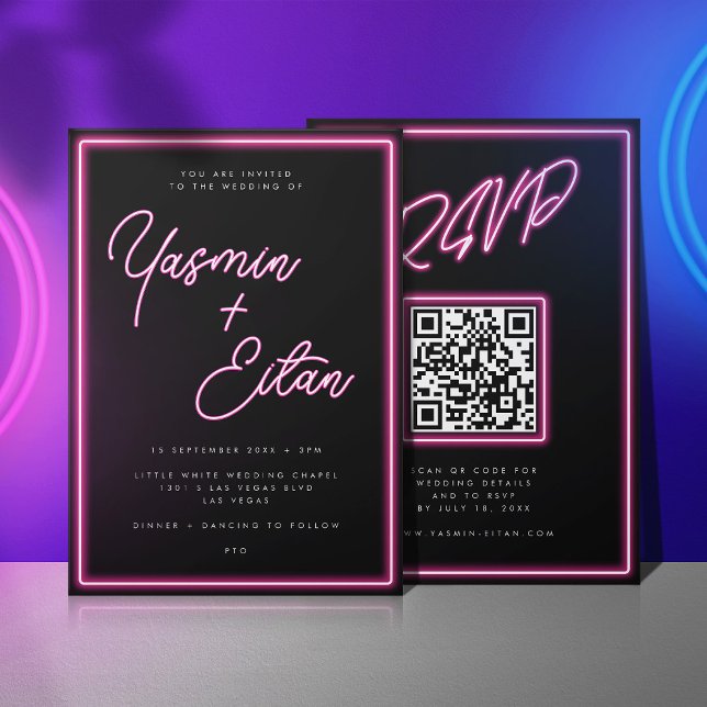 Convite Casamento de Código QR Preto-Rosa Negra-Quente das (Black invitation with pink neon light script for the bride and groom's names)