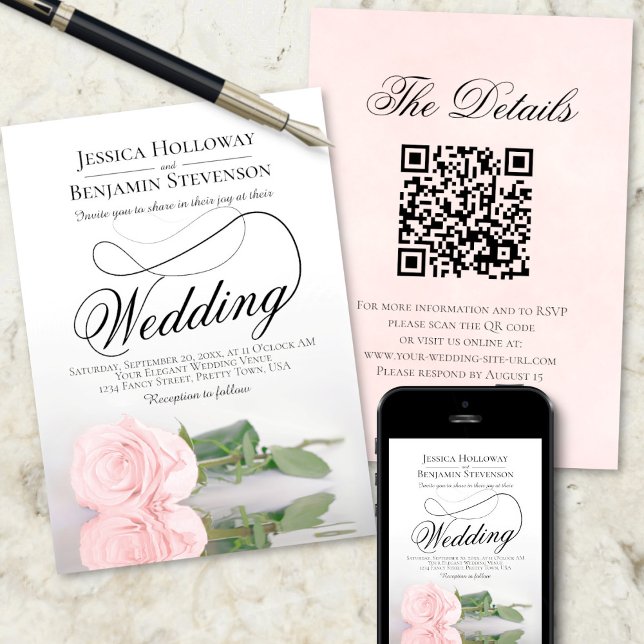 Convite Casamento de Código QR Romântico Rosa Rosa Rosa Ro (Front/Back/Downloadable)