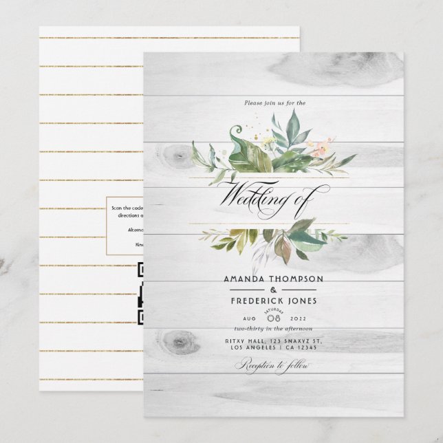 Convite Casamento de código QR RSVP Celebração Rústica com (Frente/Verso)