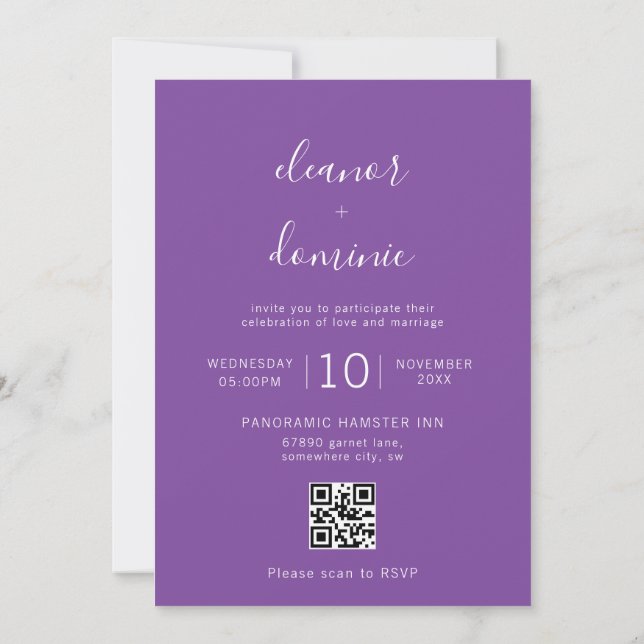 Convite Casamento de Código QR RSVP de Foto Roxo Minimalis (Verso)