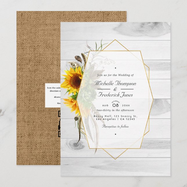 Convite Casamento de código QR RSVP do celeiro de girassói (Frente/Verso)