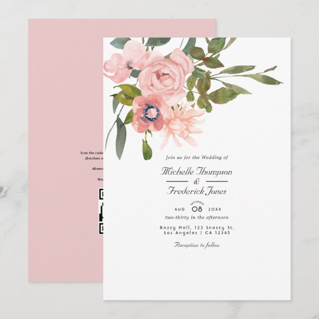 Convite Casamento de Código QR RSVP Floral Rosa Corado (Frente/Verso)