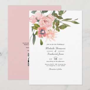 Convite Casamento de Código QR RSVP Floral Rosa Corado
