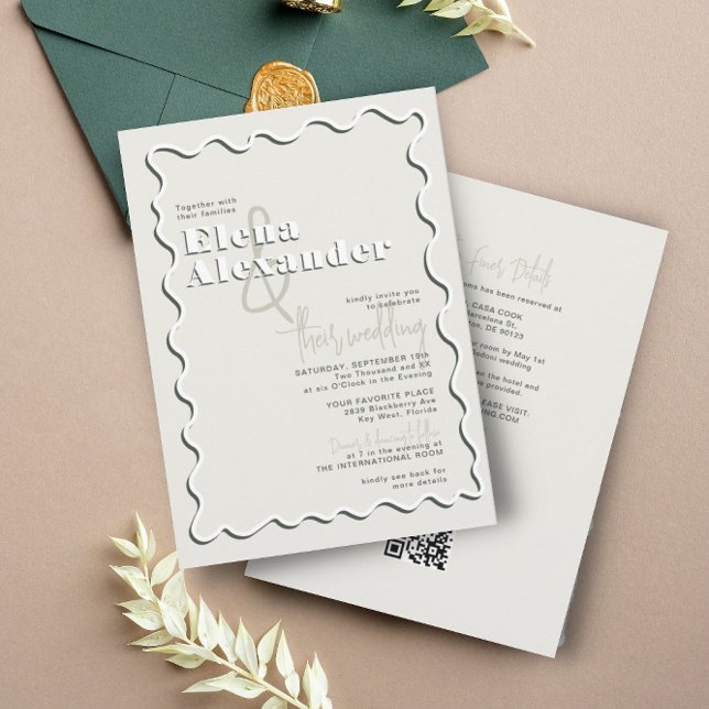 Convite Casamento de Código QR RSVP Verde de Onda Cinzenta (Criador carregado)