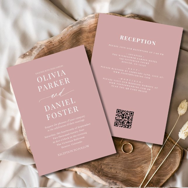 Convite Casamento de Código QR Tudo em Um Dusty Rosa Pink (Criador carregado)