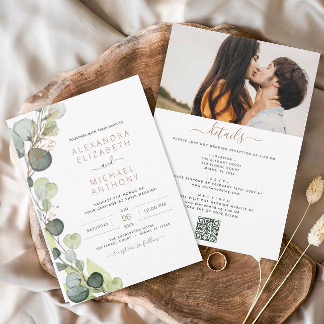 Convite Casamento de Código QR Tudo em Um Eucalyptus Green (Criador carregado)