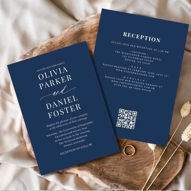 Convite Casamento de Código QR Tudo em um Marinho Elegante (Criador carregado)