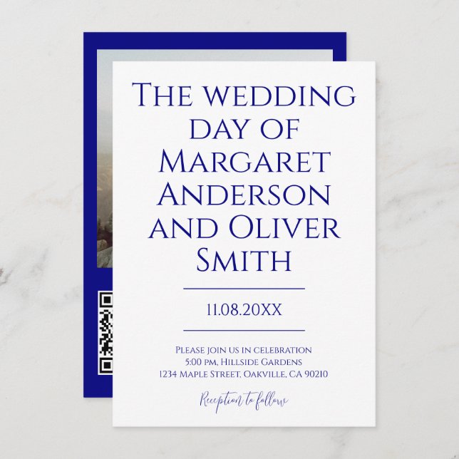Convite Casamento de Código QR - Tudo em um Marinho Minima (Frente/Verso)