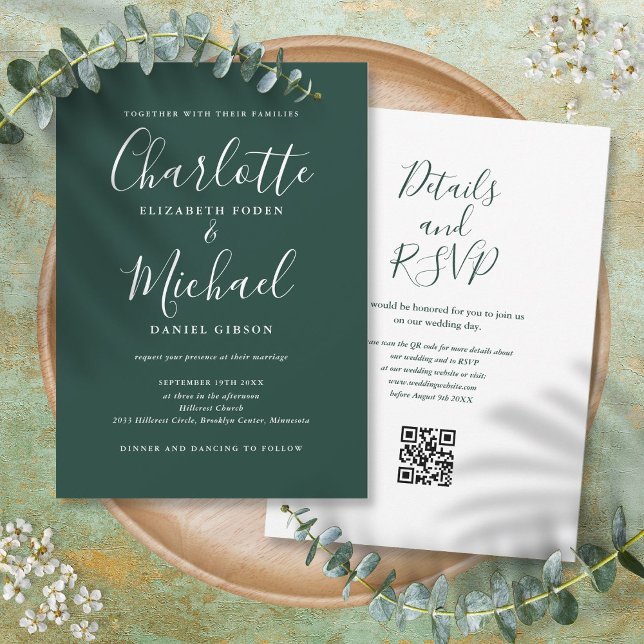 Convite Casamento de Código QR Verde Emerald com Script El (Elegant Script Emerald Green QR Code Wedding Invitation)