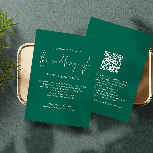 Convite Casamento de Código QR Verde Emerald com Script El (Frotn and back view. Available digitally and printed)