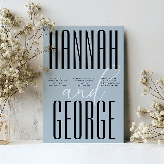 Convite Casamento de Código Simples de QR Azul e Preto com (Modern dusty blue wedding invitation bold black typography with elegant script calligraphy & QR code)