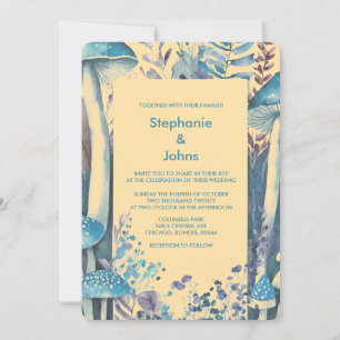 Convite Casamento de Cogumelo de Arte Azul Beige Dusty