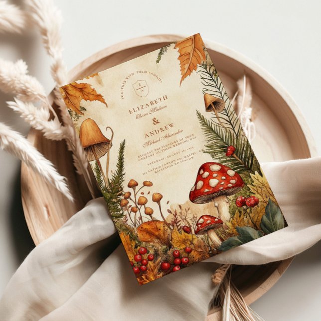 Convite Casamento de Cogumelos da Floresta Vintage (Criador carregado)