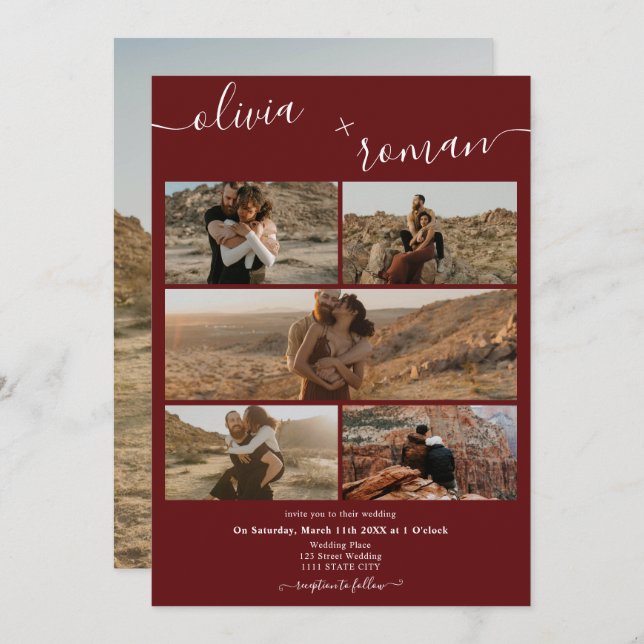 Convite Casamento de colagem com 6 fotos do Burgundy Moder (Frente/Verso)