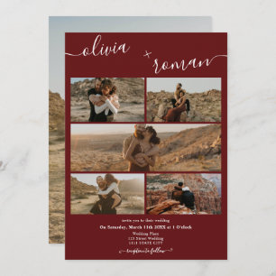 Convite Casamento de colagem com 6 fotos do Burgundy Moder