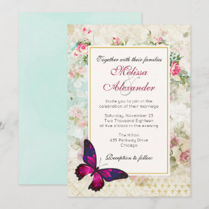 Convite Casamento de Colagem com Borboleta Rosa e Rosa Ant