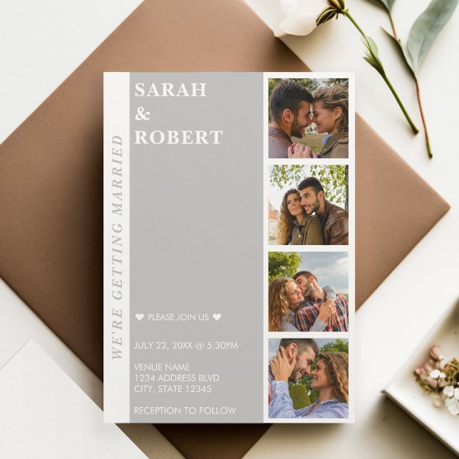 Convite Casamento de Colagem de Booth com Foto Branca e ci (Grey & White Photo Booth Collage Wedding Invitation)