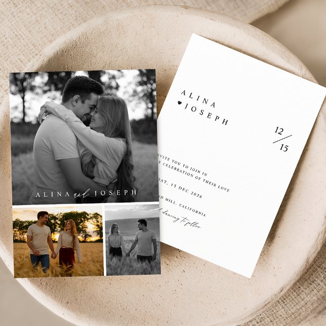 Convite Casamento de Colagem de Fotos 3 Preto e Branco Ele (Criador carregado)