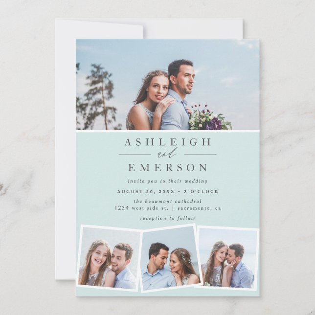 Convite Casamento de Colagem de Fotos Azul Minimalista (Frente)