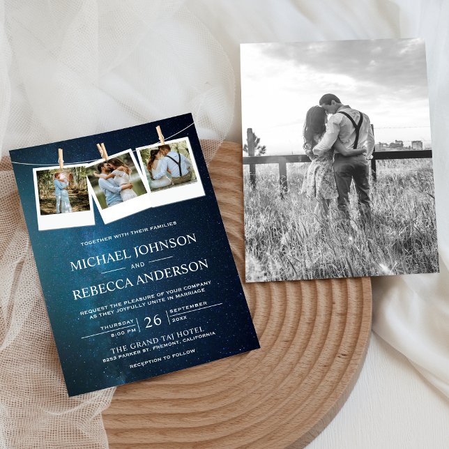 Convite Casamento de Colagem de Fotos da Galáxia Azul do U (Criador carregado)