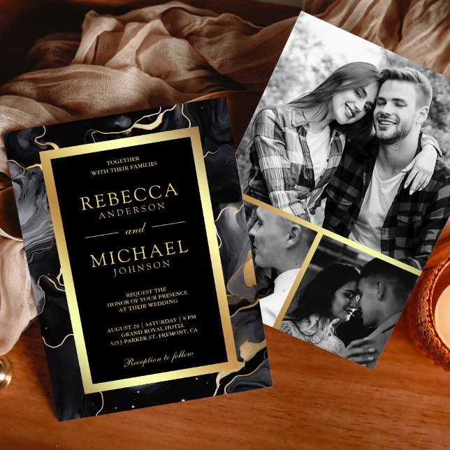 Convite Casamento de Colagem de Fotos de Ink Fluido Dourad (Criador carregado)